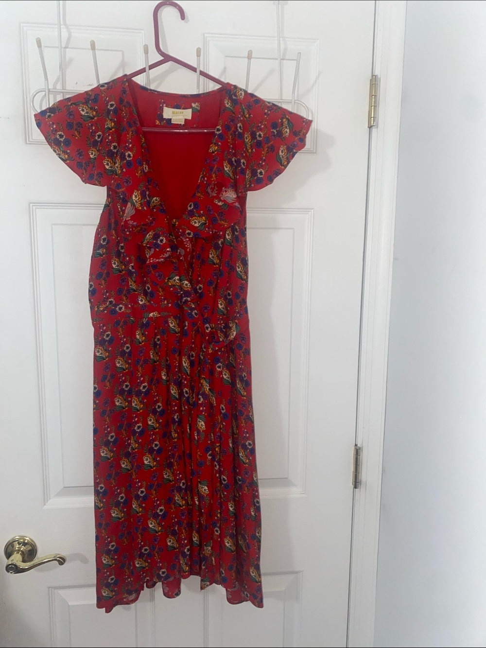 Maeve Anthropology Red Floral Ruffle-Trim Dress size 8 zipper on side. Lined